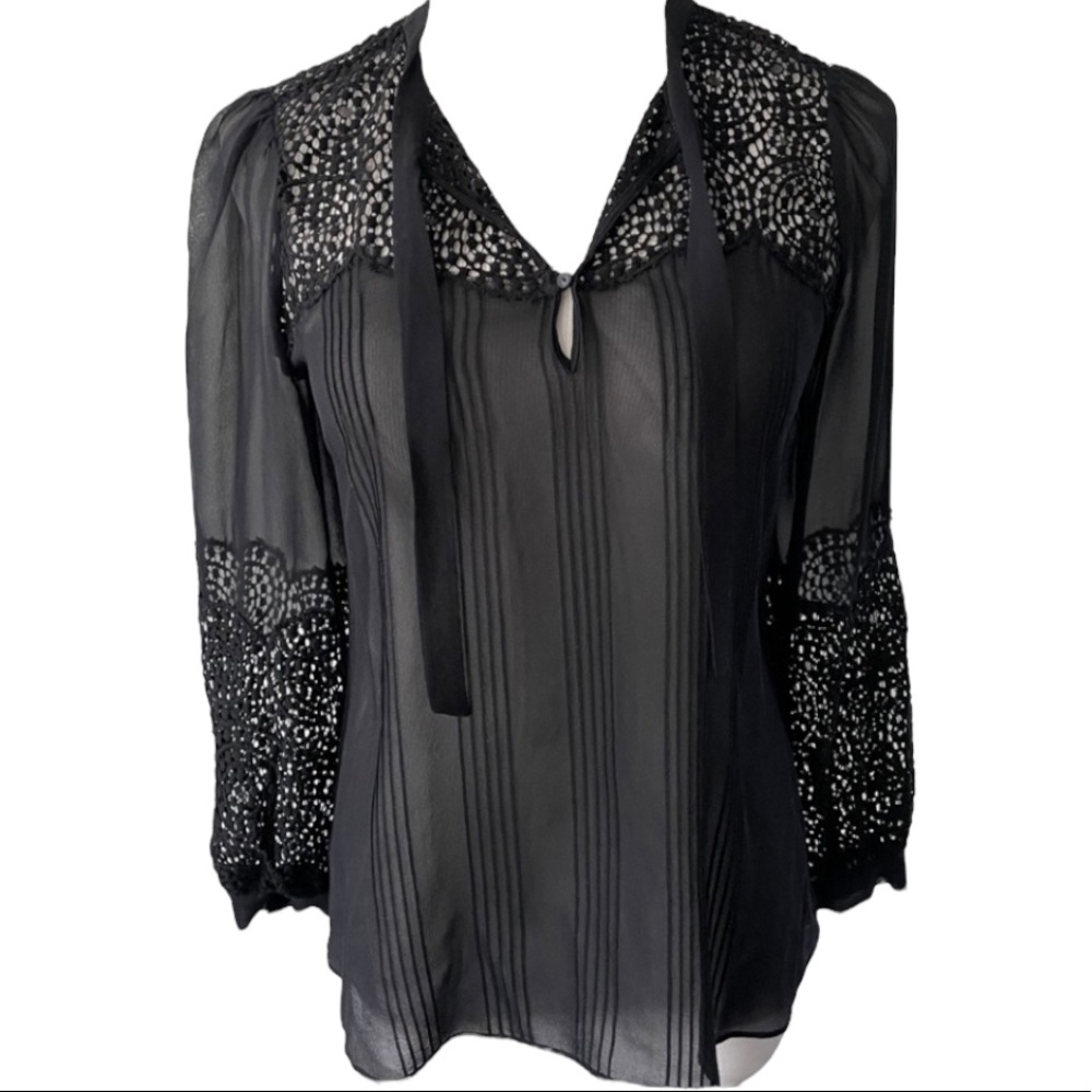 REBECCA TAYLOR 100% Silk Lace Black Blouse Size 2 NWOT